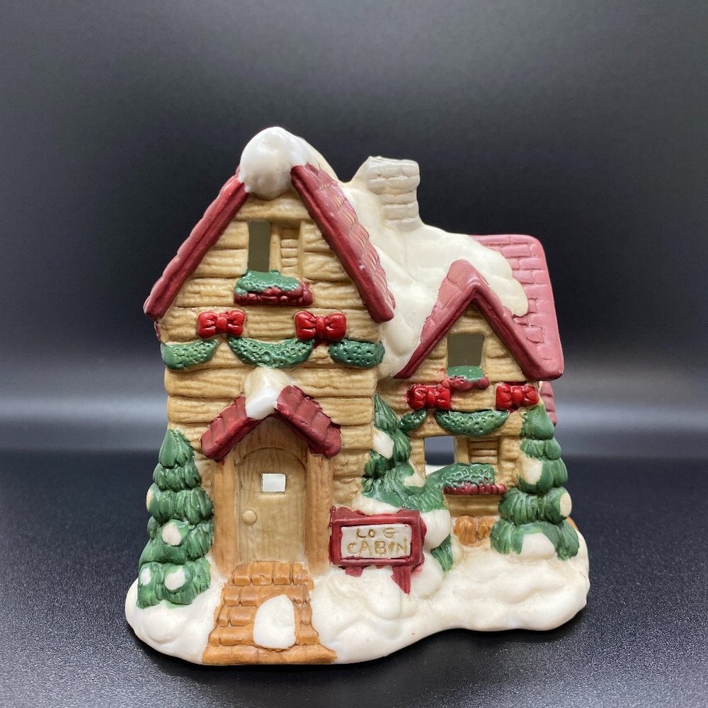 Vintage Porcelain Tea Light Christmas Village Log Cabin
